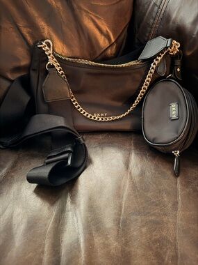 DKNY Black Nylon Shoulder Bag with Gold Chain Detail